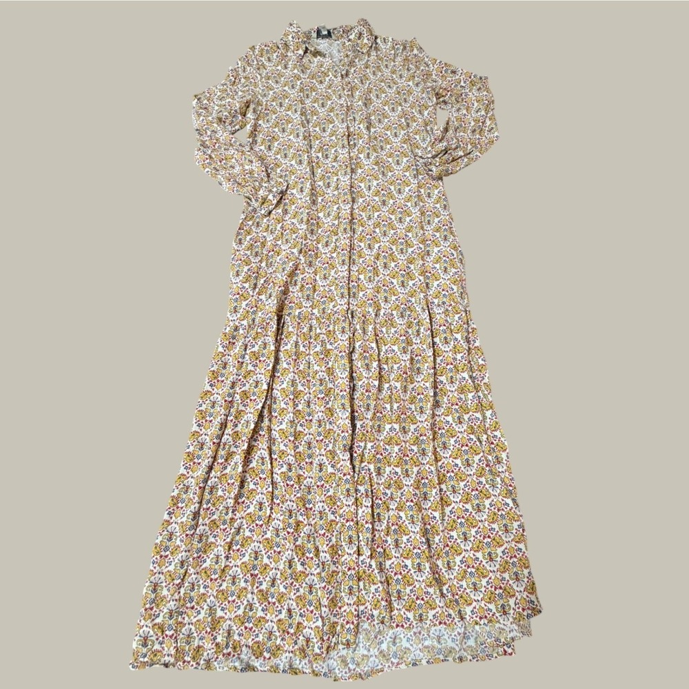 Next Floral Paisley Maxi Dress Yellow Red Tiered Long Sleeve Viscose Size 8T 36